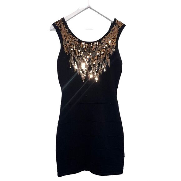 Y2K 2b Bebe Black Metallic Gold Sequin Bandage Sleeveless Cutout Back Slip - Picture 4 of 14